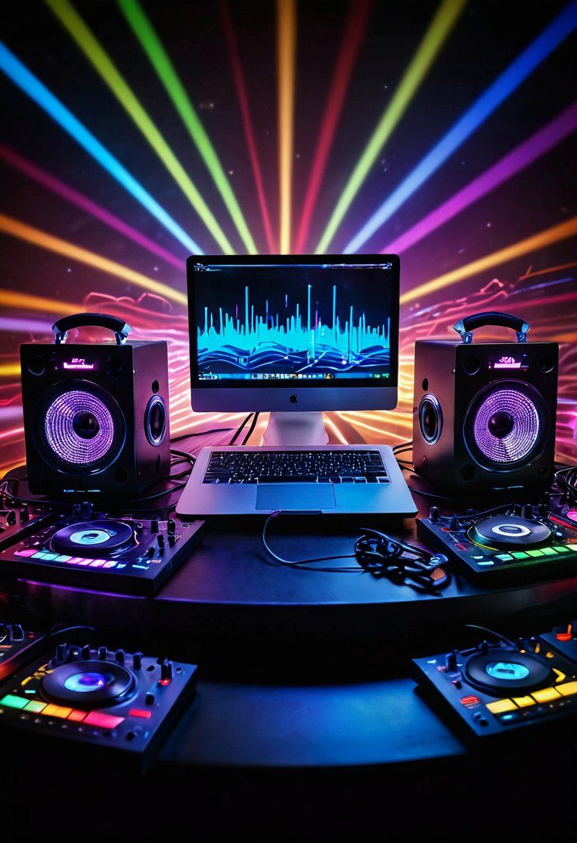 A vibrant workspace filled with essential DJ equipment including a DJ mixer, turntables, headphones, and a laptop displaying sound waves. The background features colorful soundwave patterns and dynamic lights, creating an energetic atmosphere. Include a diverse group of DJs collaborating and mixing music together, immersed in creativity. super-realistic. vibrant colors. dynamic lighting.
