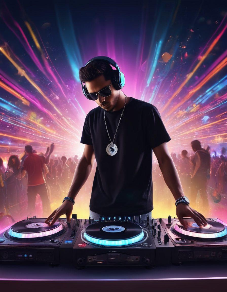 A vibrant scene of a DJ mixing music at a lively outdoor festival, surrounded by colorful lights and an energetic crowd, with vinyl records and sound wave graphics swirling around, symbolizing the transition from beats to remixes. Illustrate the emotion and excitement of live performances in a dynamic style. super-realistic. vibrant colors. 3D.