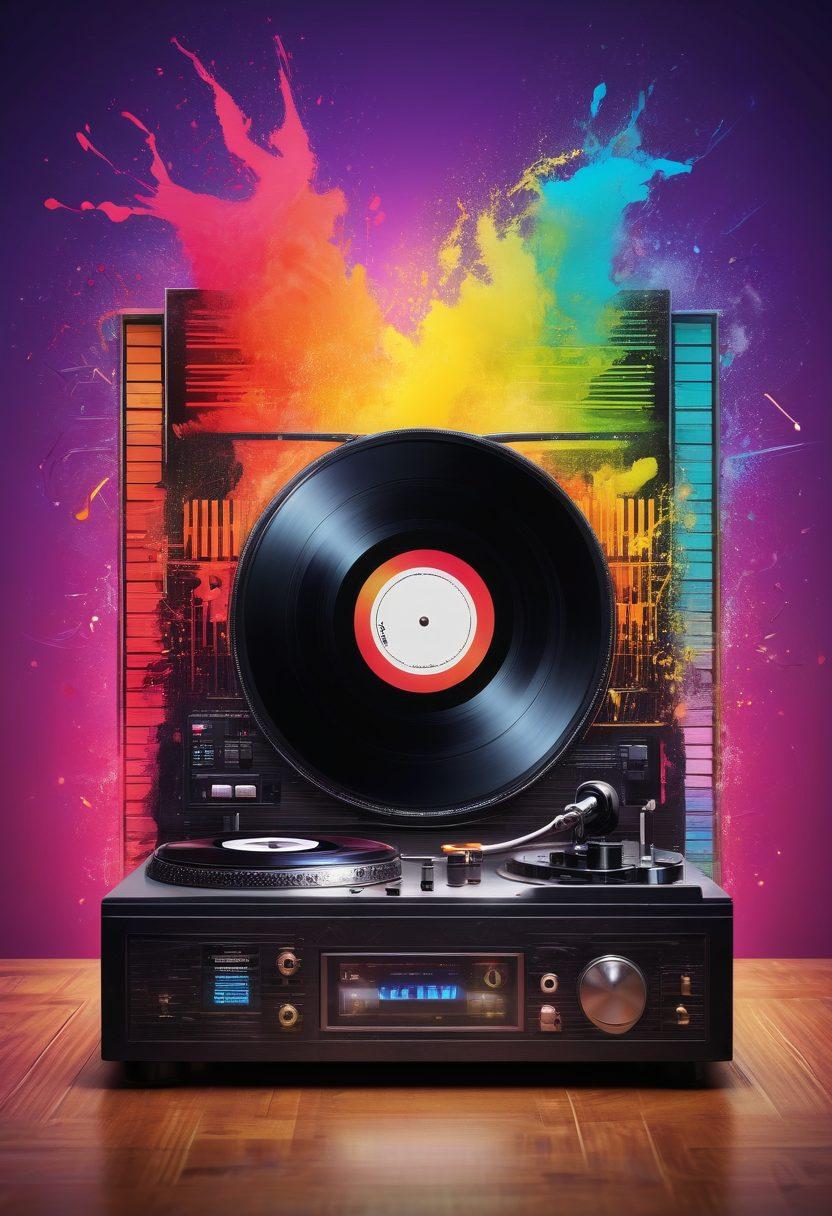 A vibrant DJ booth set against a colorful backdrop of sound waves and musical notes, with a vinyl mixtape prominently featured. Include elements like turntables, headphones, and energetic crowd silhouettes to convey a lively atmosphere. Stylize the image to balance modern and retro aesthetics, highlighting creativity and passion for music. super-realistic. vibrant colors.